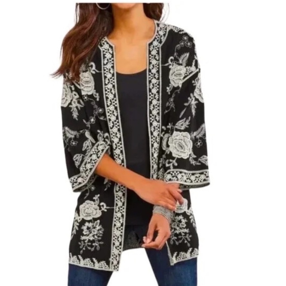 Soft Surroundings Black Ivory Embroidery Open Front Kimono Jacket Women's L/XL